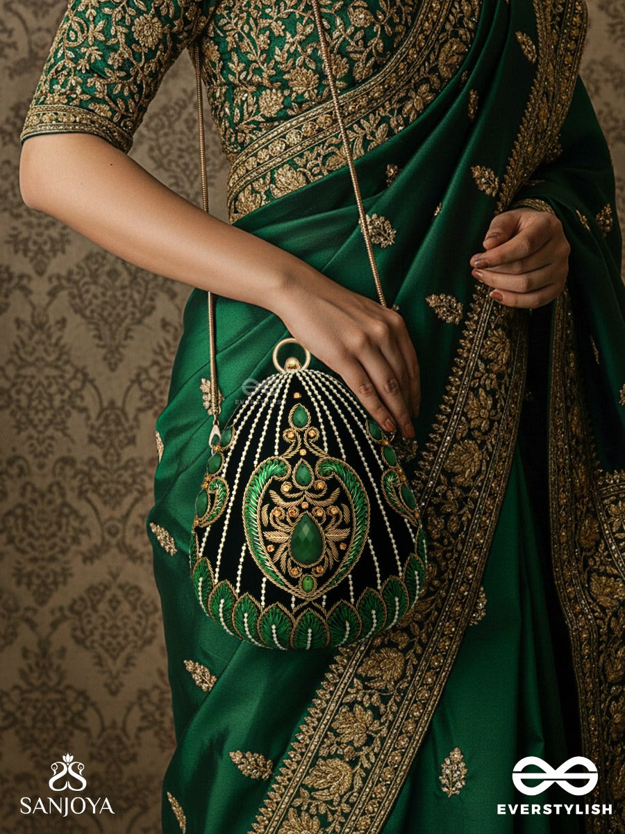 Mehreena – Oval Dark Green Velvet Clutch With Intricate Handwork And Golden Metal Frame