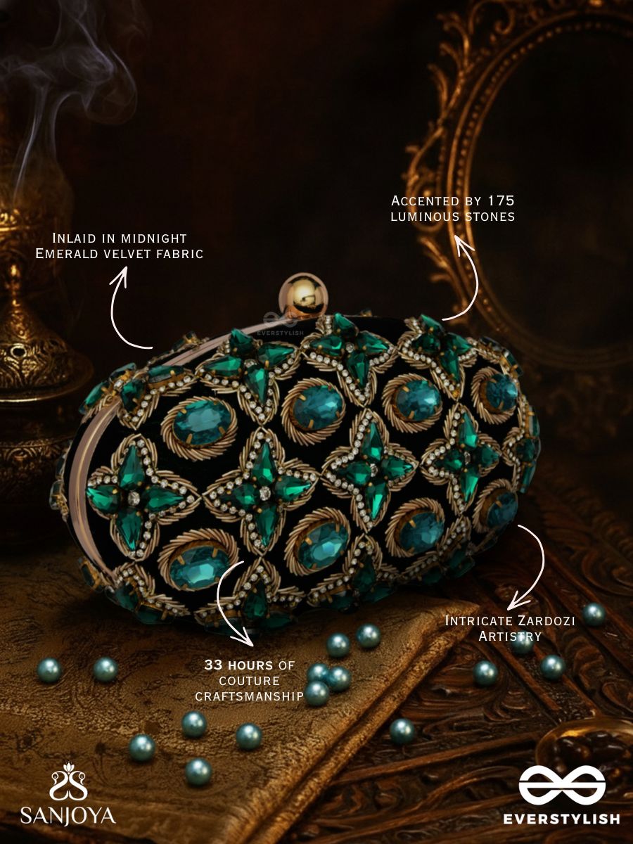 Neelzara – Oval Dark Green Velvet Clutch With Intricate Stone And Zardozi Work And Golden Metal Frame