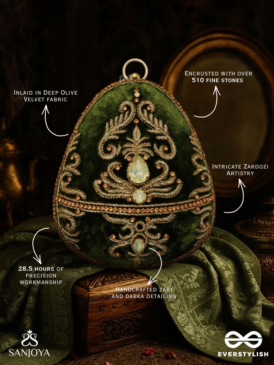 Sabreen - Oval Deep Olive Green Velvet Handle Clutch With Rich Hand Detailing And Golden Metal Frame