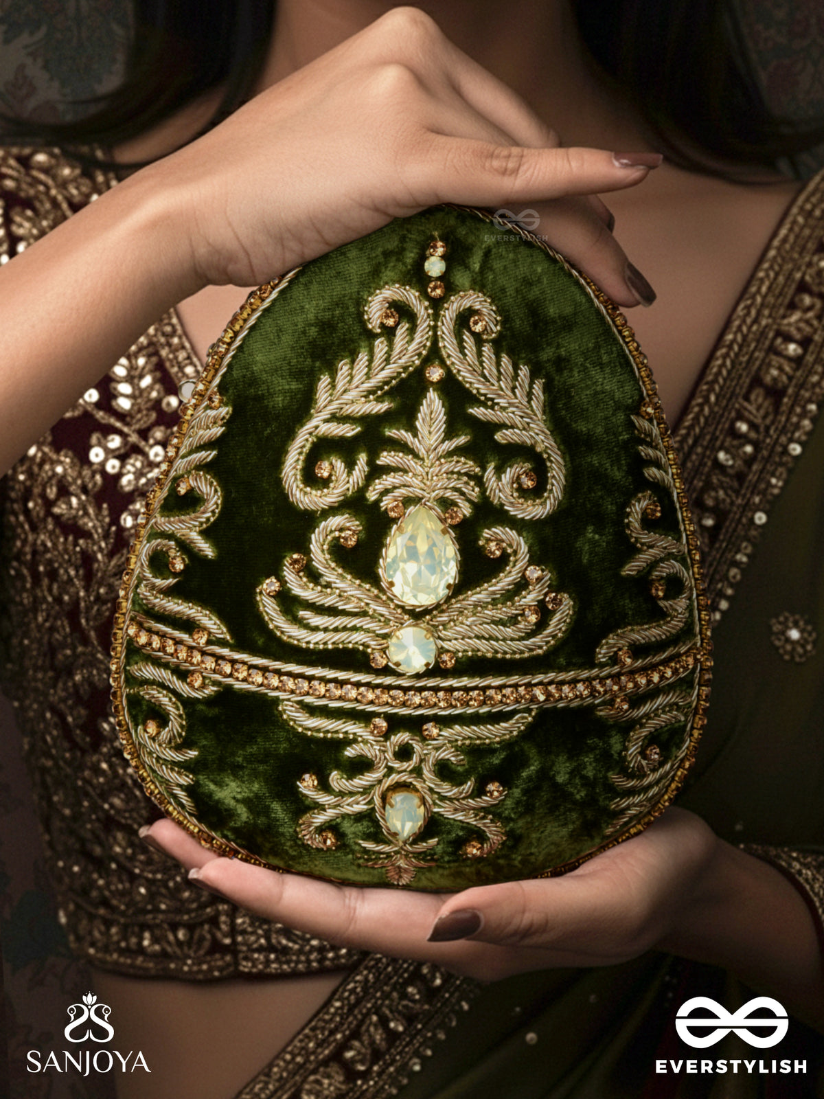 Sabreen - Oval Deep Olive Green Velvet Handle Clutch With Rich Hand Detailing And Golden Metal Frame