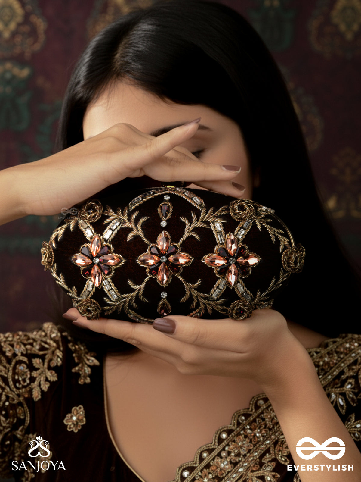Rohini – Polished Bronze Brown Textile Clutch With Faceted Jewel Accents And Golden Metal Frame