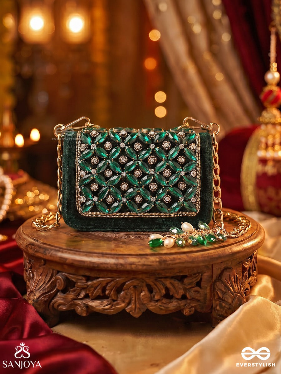 Vaibhavi – Rectangular Emerald Velvet Clutch With Ornate Gem Embellishment, Gold Framework And Bead Tassel