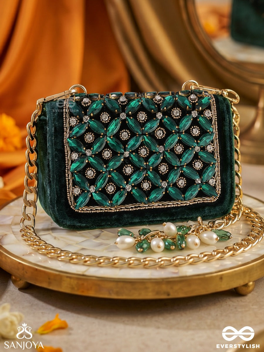 Vaibhavi – Rectangular Emerald Velvet Clutch With Ornate Gem Embellishment, Gold Framework And Bead Tassel