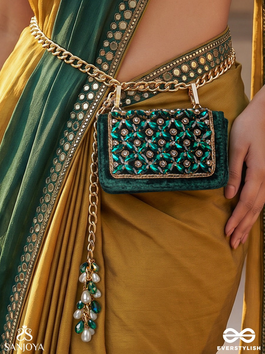 Vaibhavi – Rectangular Emerald Velvet Clutch With Ornate Gem Embellishment, Gold Framework And Bead Tassel