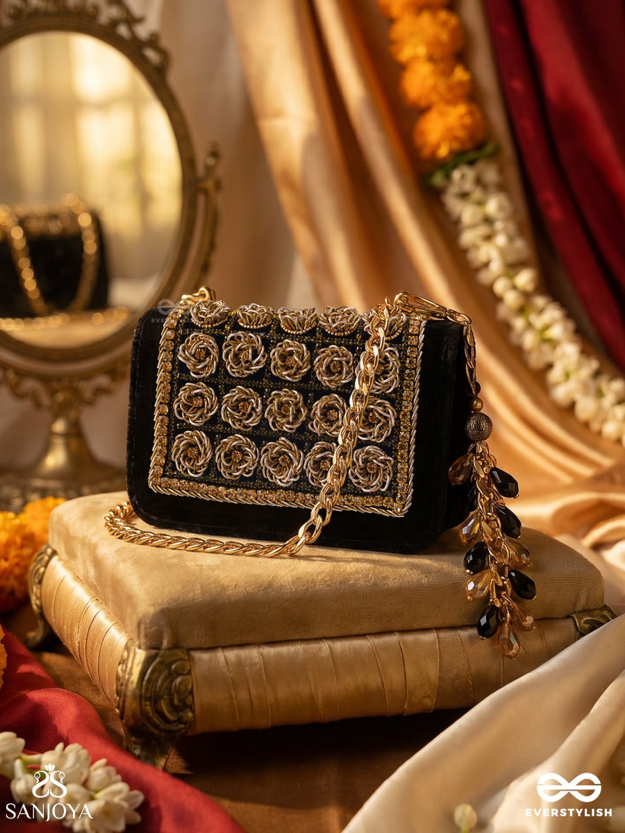 Lavanya – Rectangular Black Velvet Clutch With Gold Rose Embellishment, Ornate Framework And Bead Tassel