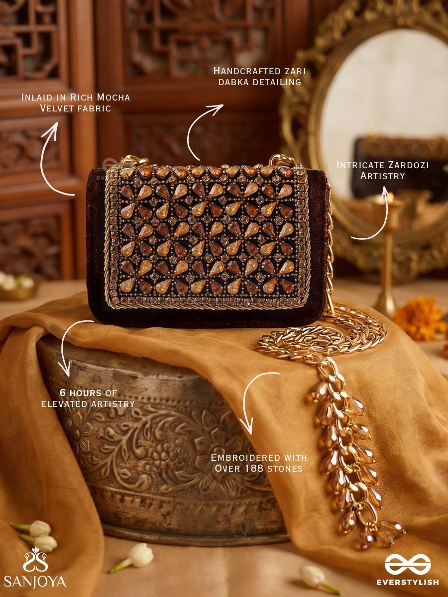 Mriganayani – Rectangular Maroon Velvet Clutch With Ornate Amber Stone Embellishment, Gold Framework And Tassel Charm