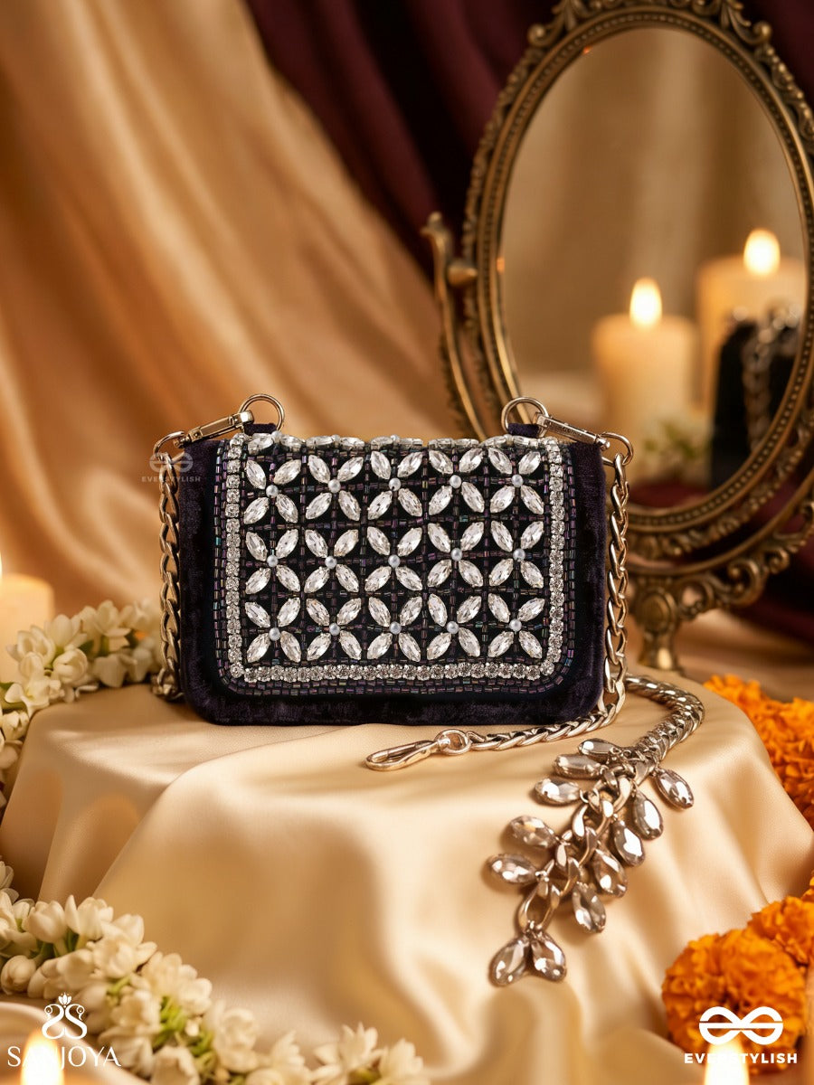 Tarakshi – Rectangular Navy Velvet Clutch With Multi Gem Mosaic Work, Crystal Trim And Silver Drop Accents