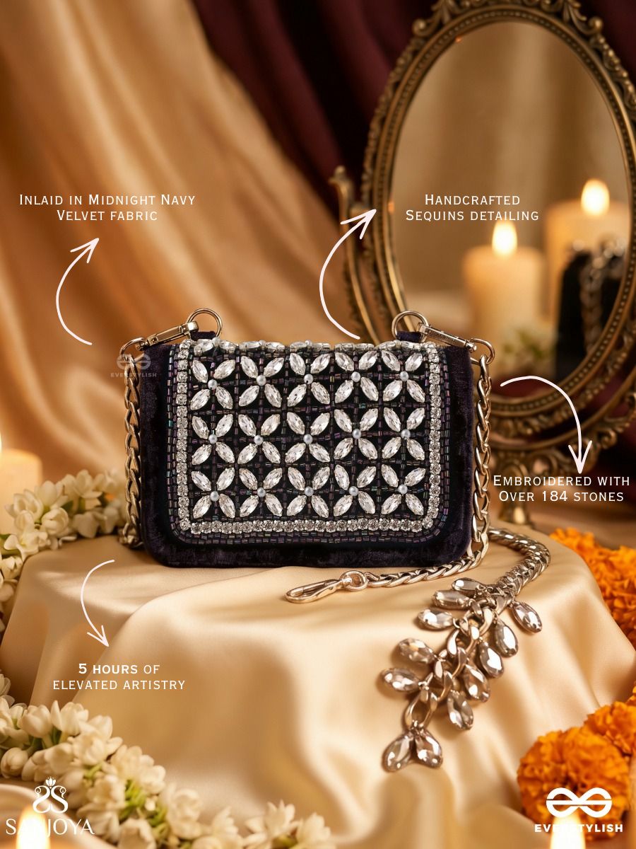 Tarakshi – Rectangular Navy Velvet Clutch With Multi Gem Mosaic Work, Crystal Trim And Silver Drop Accents