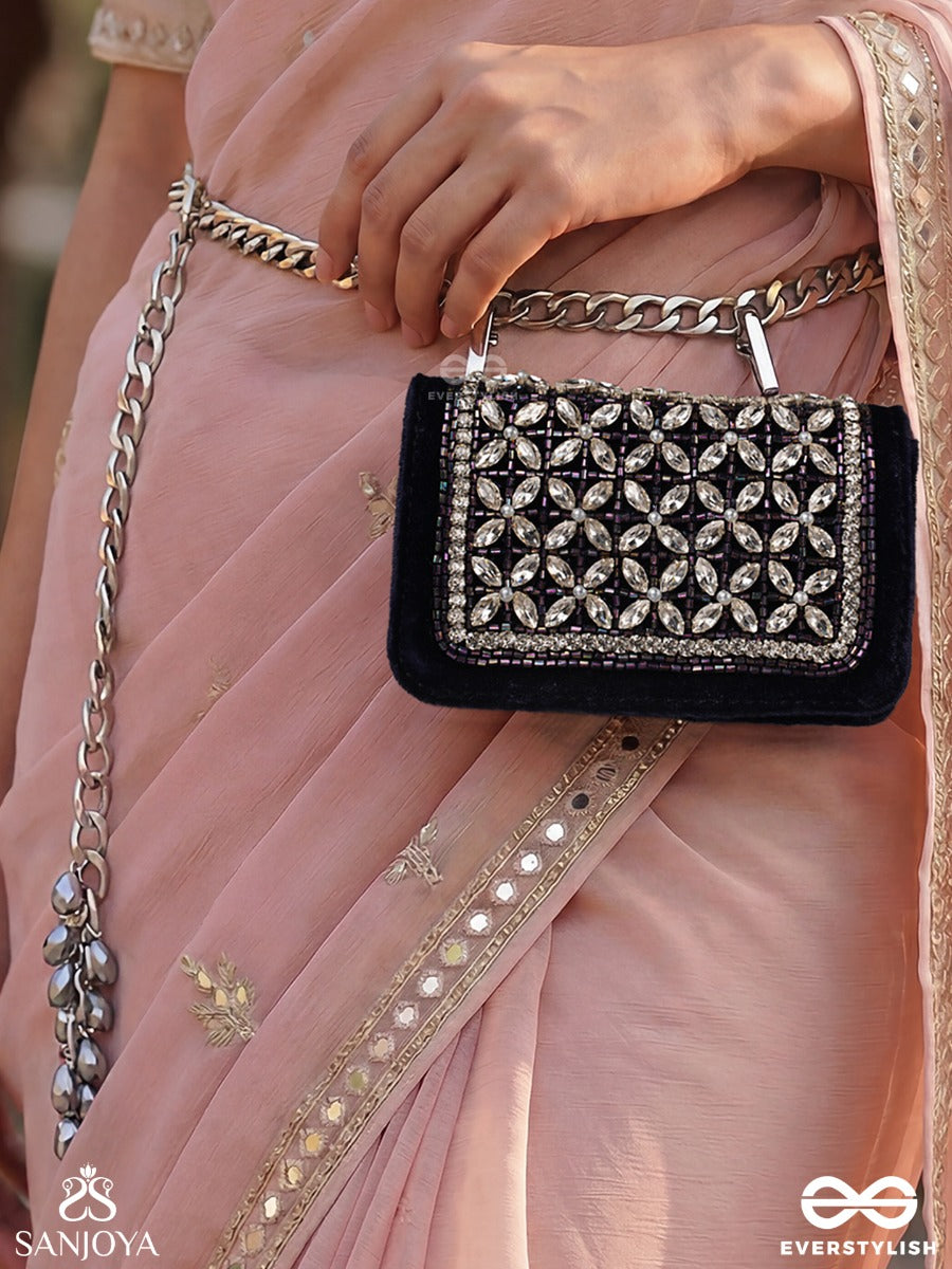Tarakshi – Rectangular Navy Velvet Clutch With Multi Gem Mosaic Work, Crystal Trim And Silver Drop Accents