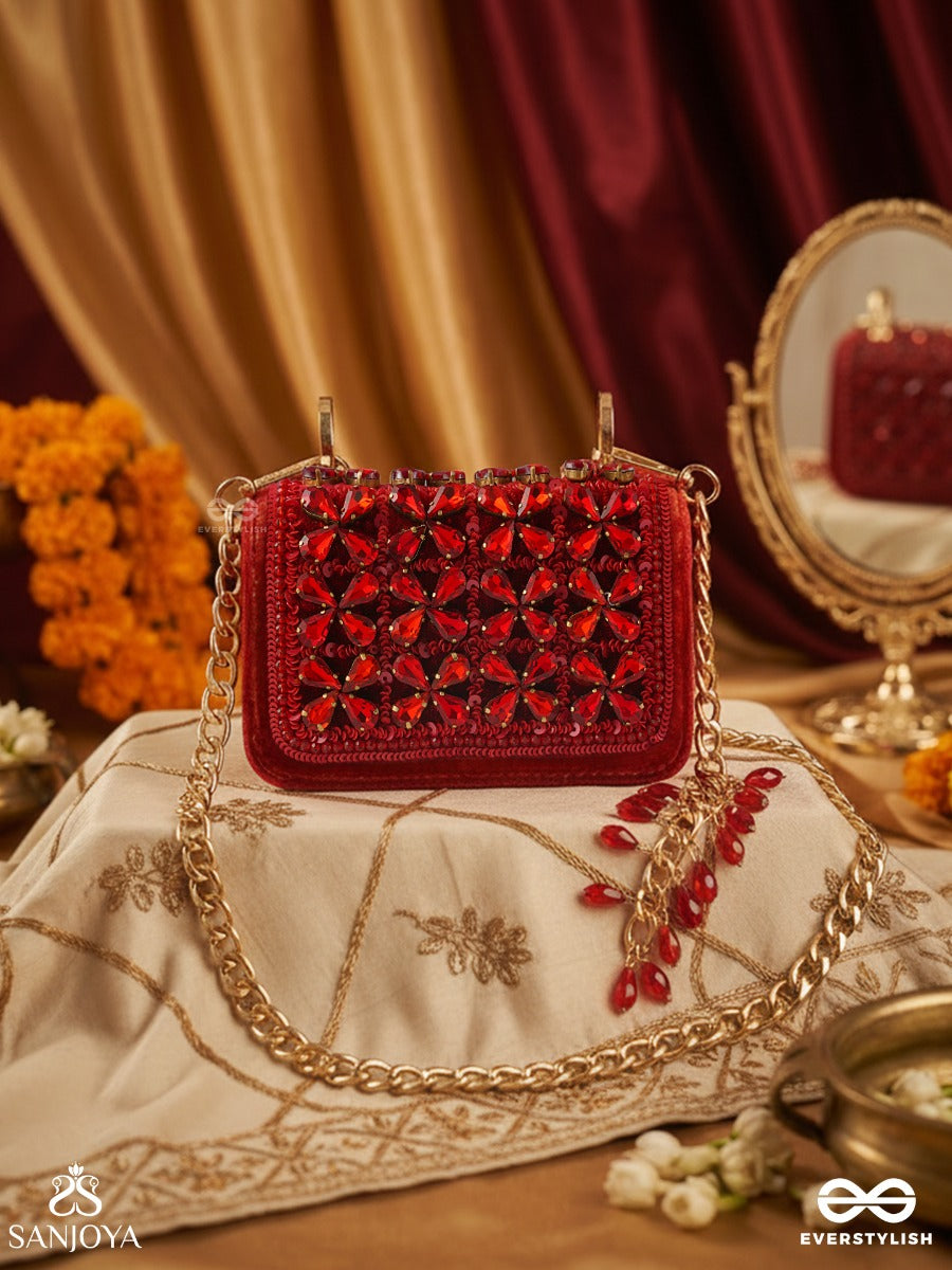 Suramanjari – Rectangular Crimson Velvet Clutch With Gem Mosaic Panel, Crystal Trim And Red Drop Accents