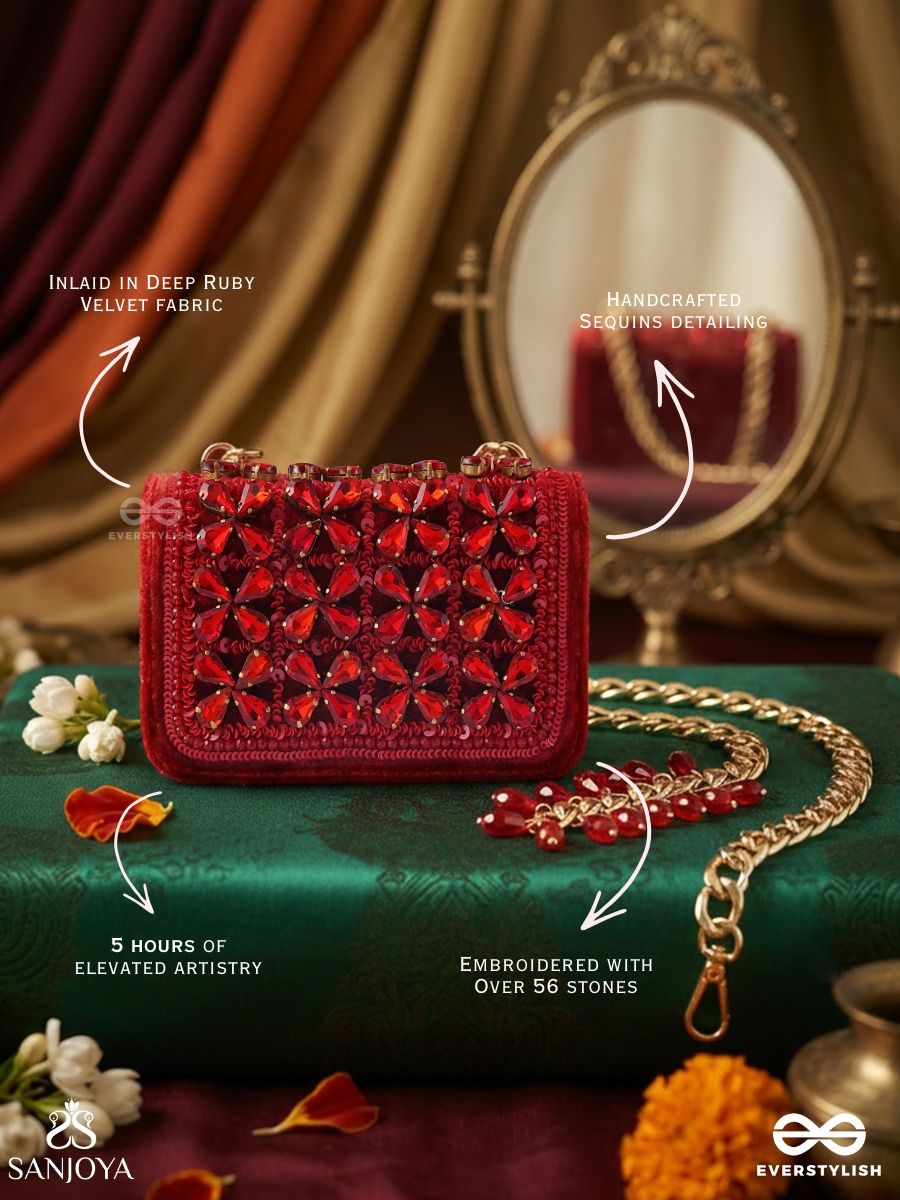 Suramanjari – Rectangular Crimson Velvet Clutch With Gem Mosaic Panel, Crystal Trim And Red Drop Accents