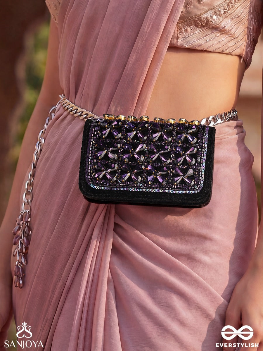 Surangana – Rectangular Violet Velvet Clutch With Purple Gem Starwork, Crystal Trim And Metal Bead Cluster