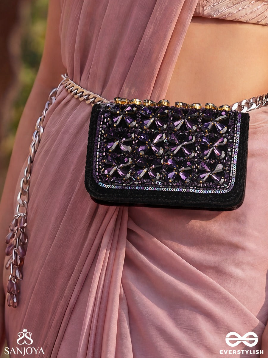 Surangana – Rectangular Violet Velvet Clutch With Purple Gem Starwork, Crystal Trim And Metal Bead Cluster