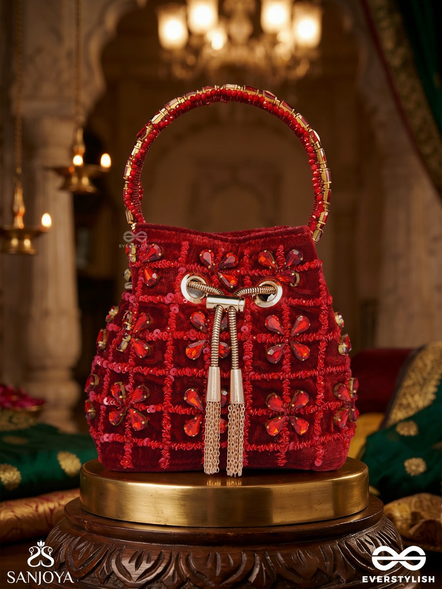 Gulrukh – Bucket Crimson Velvet Bag With Floral Sequin Embroidery, Metallic Drawstring And Embellished Handle