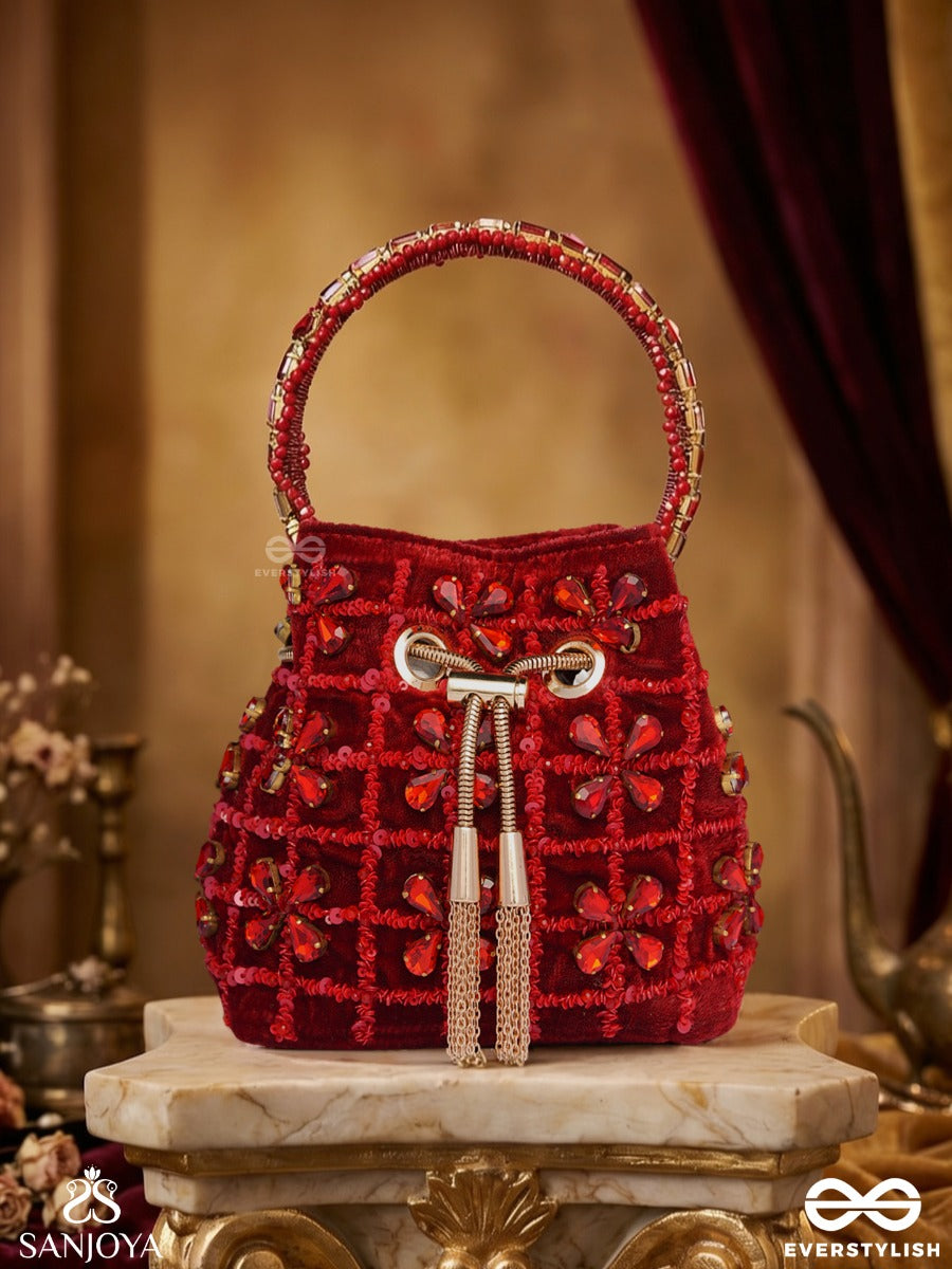 Gulrukh – Bucket Crimson Velvet Bag With Floral Sequin Embroidery, Metallic Drawstring And Embellished Handle