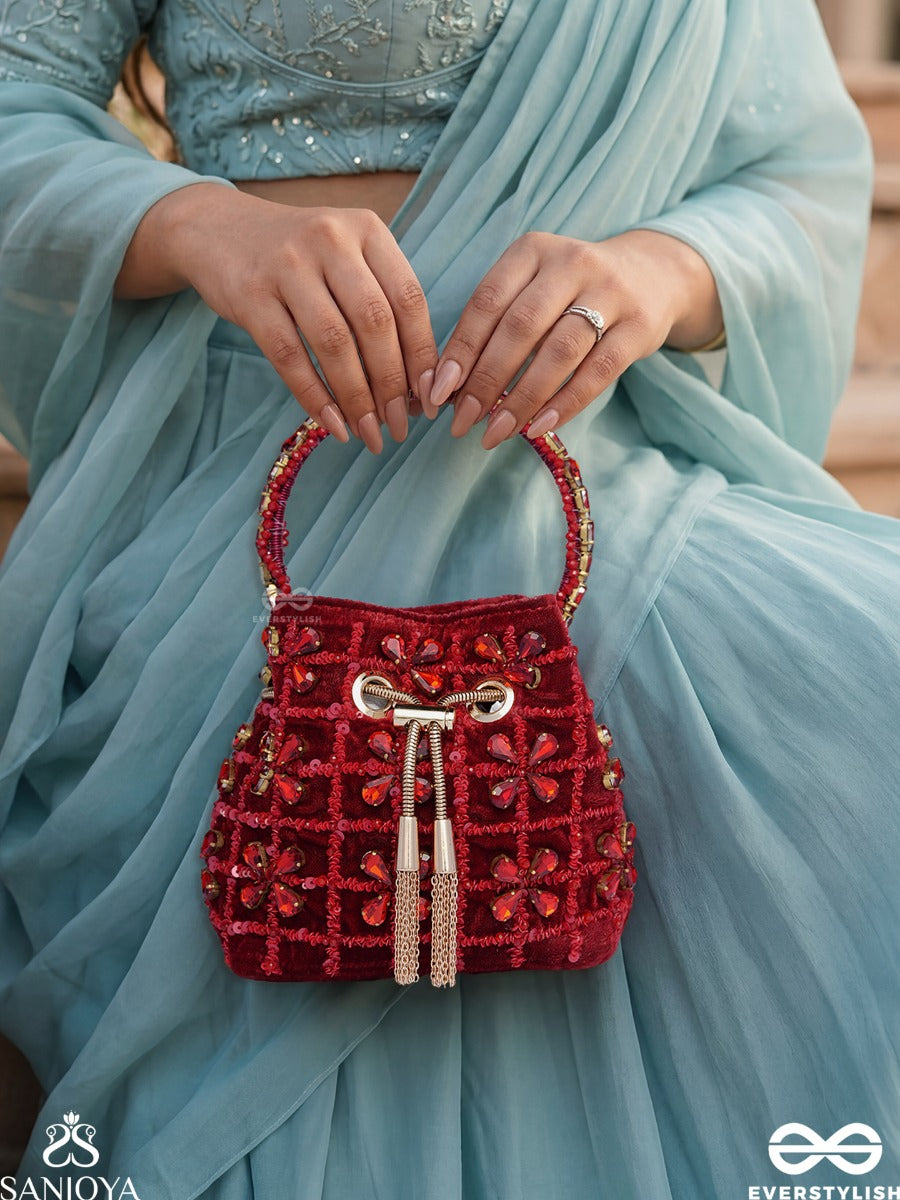 Gulrukh – Bucket Crimson Velvet Bag With Floral Sequin Embroidery, Metallic Drawstring And Embellished Handle