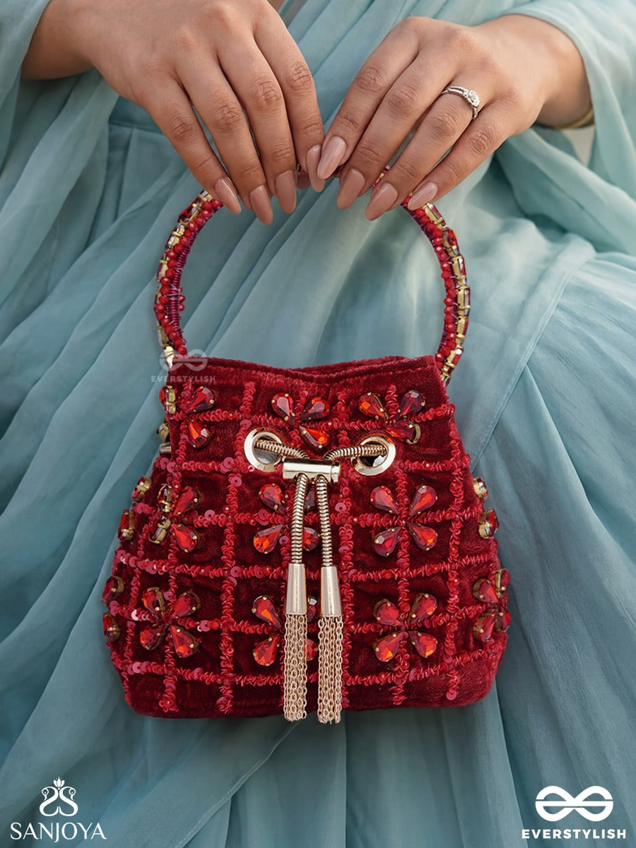 Gulrukh – Bucket Crimson Velvet Bag With Floral Sequin Embroidery, Metallic Drawstring And Embellished Handle