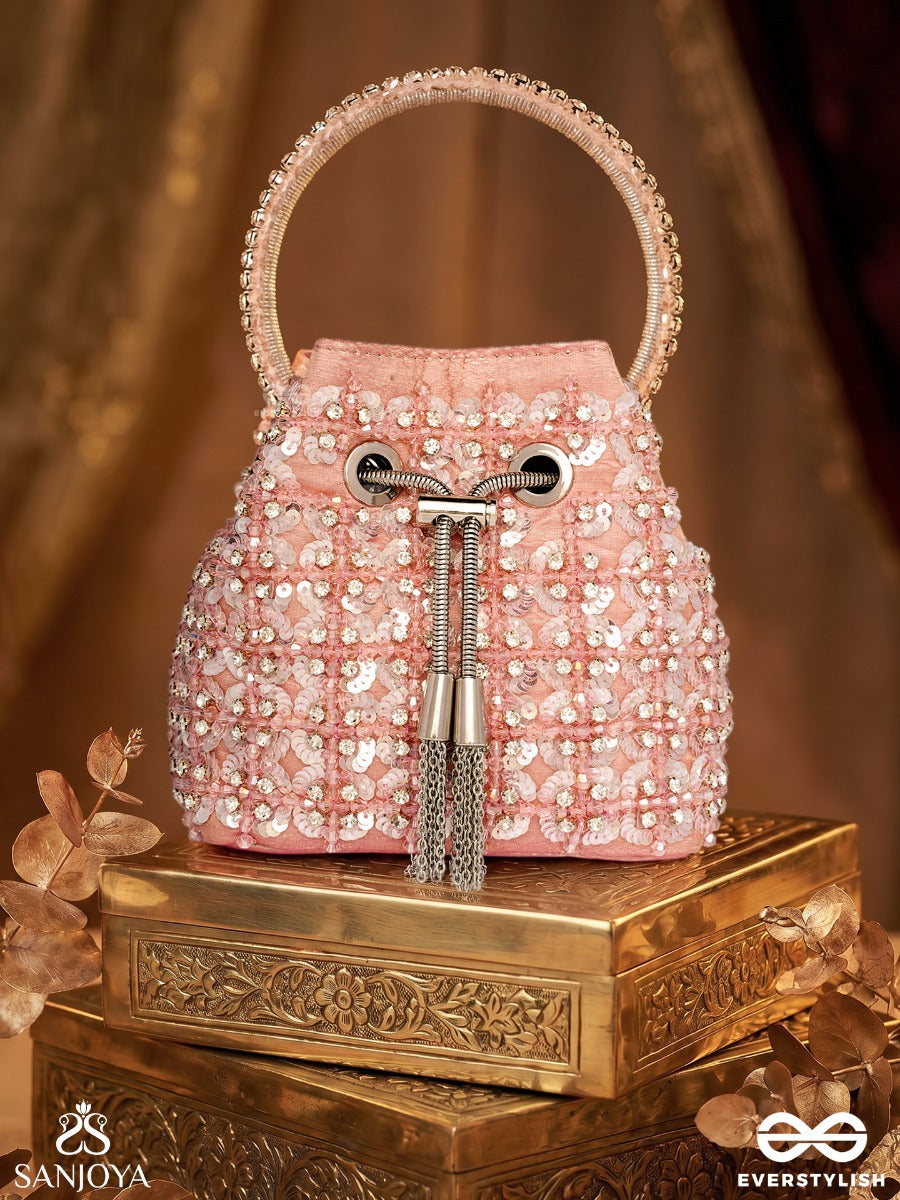 Gulrang – Bucket Blush Pink Velvet Bag With Sequin Floral Embroidery, Metallic Drawstring And Embellished Handle