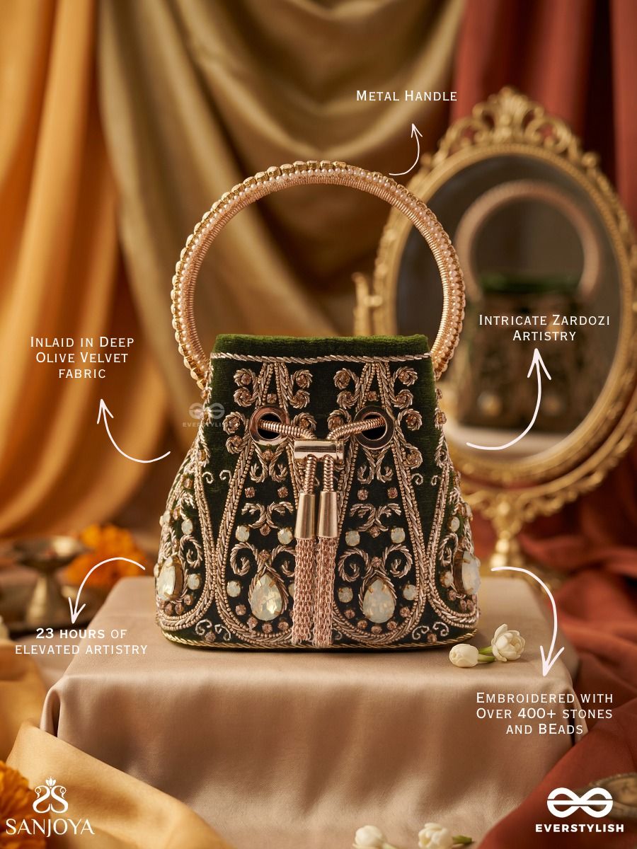 Zarbafta – Bucket Forest Green Velvet Bag With Intricate Threadwork, Braided Cord Closure And Embellished Handle