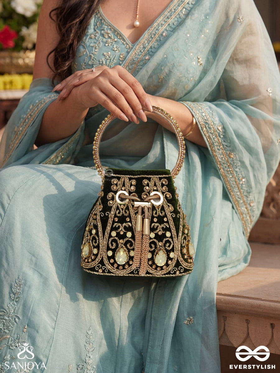Zarbafta – Bucket Forest Green Velvet Bag With Intricate Threadwork, Braided Cord Closure And Embellished Handle