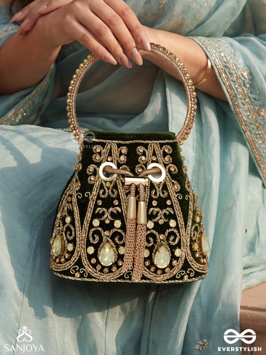 Zarbafta – Bucket Forest Green Velvet Bag With Intricate Threadwork, Braided Cord Closure And Embellished Handle