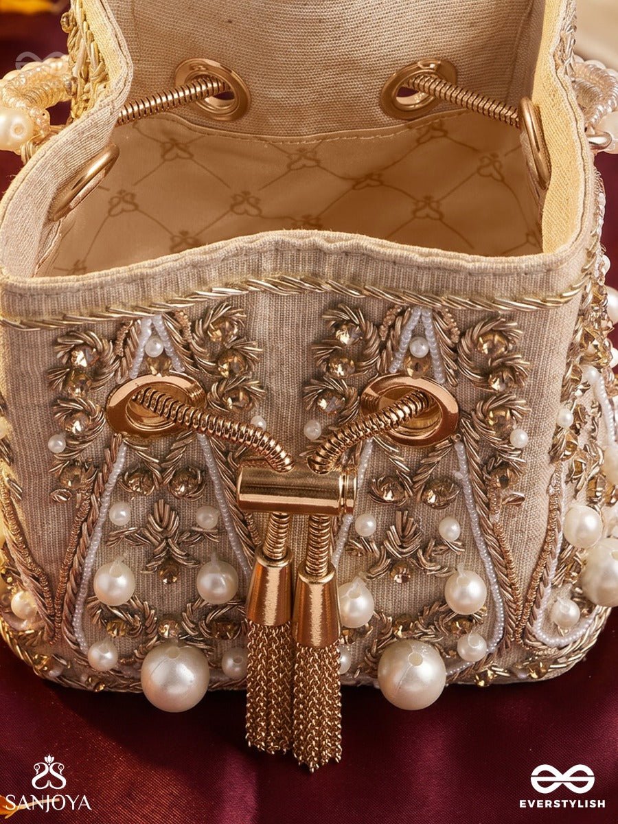 Humayra – Bucket Pale Beige Velvet Bag With Floral Pearl Work, Drawstring Closure And Decorative Ring Handle