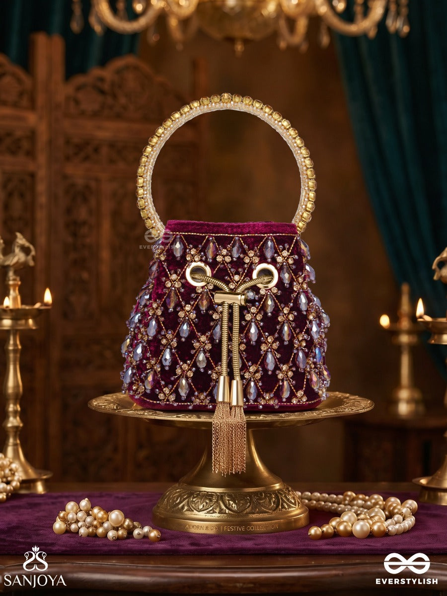 Tahira – Bucket Royal Berry Velvet Bag With Teardrop Gem Panel, Metallic Tie-Up And Ornate Handle