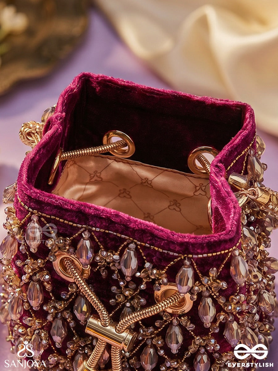 Tahira – Bucket Royal Berry Velvet Bag With Teardrop Gem Panel, Metallic Tie-Up And Ornate Handle