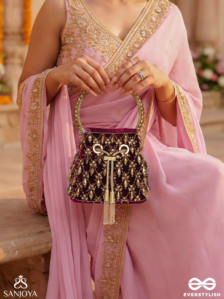 Tahira – Bucket Royal Berry Velvet Bag With Teardrop Gem Panel, Metallic Tie-Up And Ornate Handle