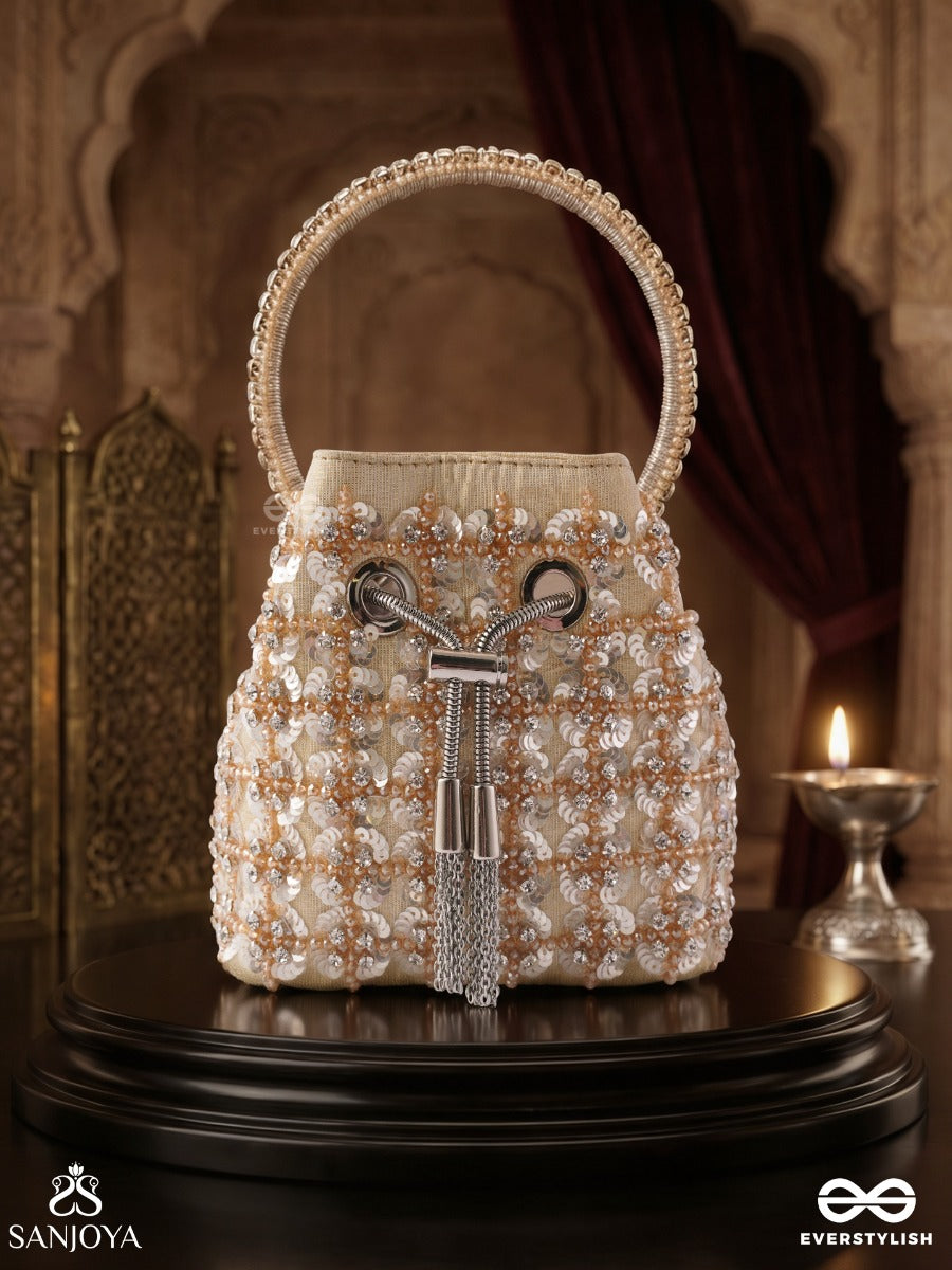 Mehryar – Bucket Ivory Base Bag With Pearl Lattice Texture, Metallic Drawstring And Ring Handle