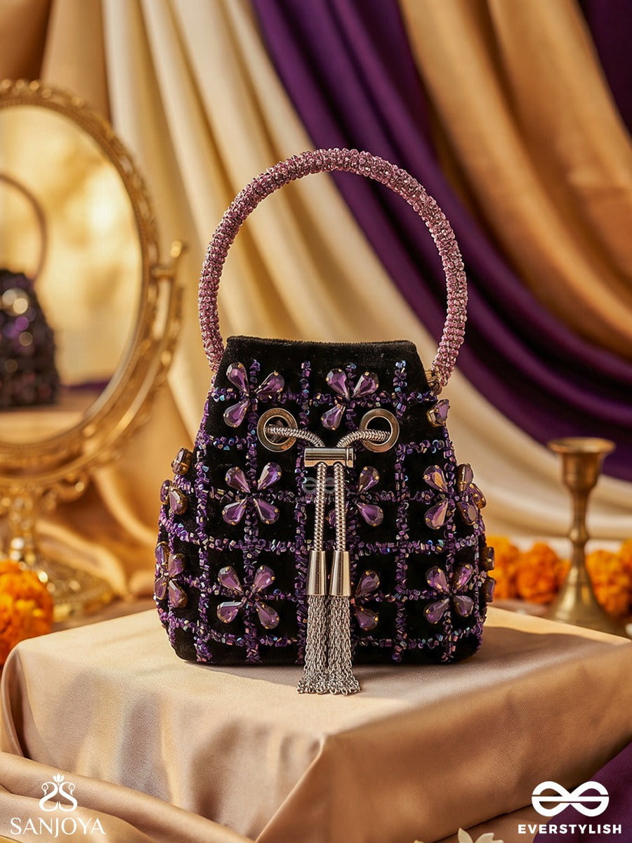 Rubaab – Bucket Dark Velvet Bag With Amethyst Bloom Arrangement, Rope Tie-Up And Decorative Handle