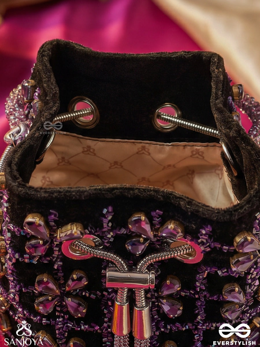 Rubaab – Bucket Dark Velvet Bag With Amethyst Bloom Arrangement, Rope Tie-Up And Decorative Handle