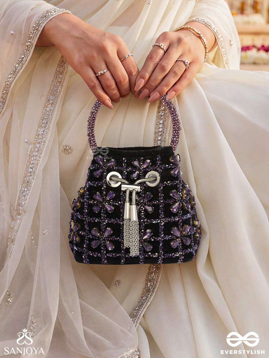 Rubaab – Bucket Dark Velvet Bag With Amethyst Bloom Arrangement, Rope Tie-Up And Decorative Handle