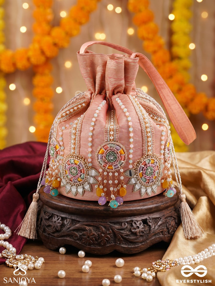 Gulyaar – Potli Blush Pink Bag With Mirror Embroidery, Multicolor Bead Accents And Tassel Tie Details