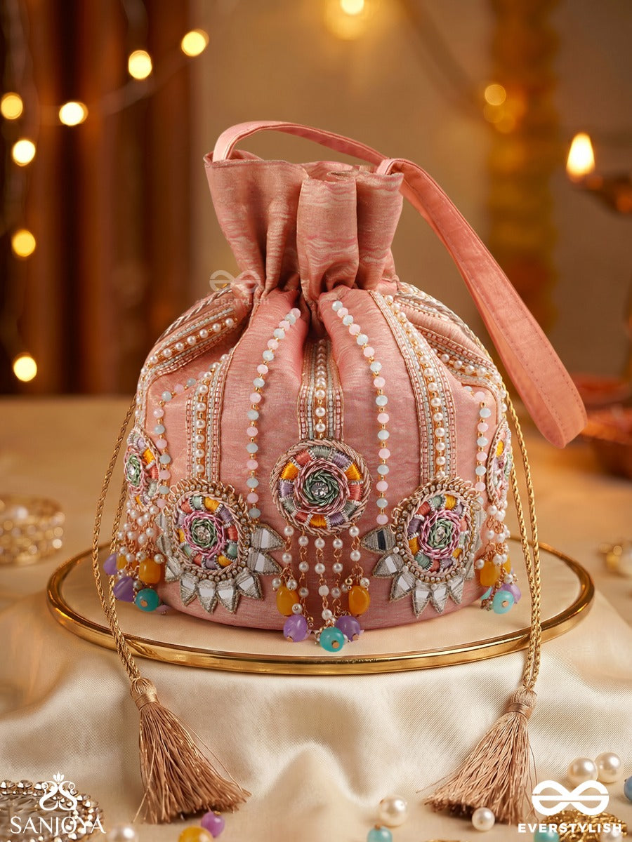 Gulyaar – Potli Blush Pink Bag With Mirror Embroidery, Multicolor Bead Accents And Tassel Tie Details