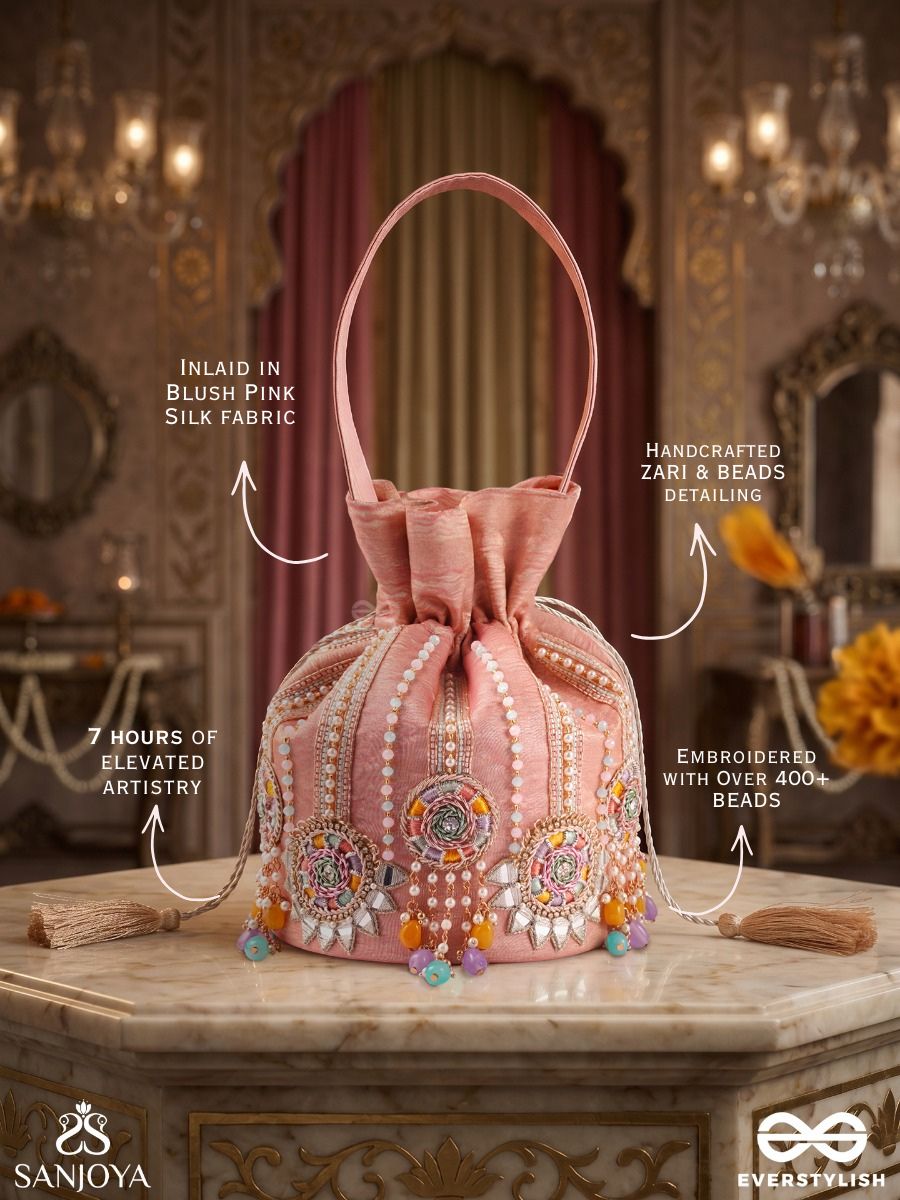 Gulyaar – Potli Blush Pink Bag With Mirror Embroidery, Multicolor Bead Accents And Tassel Tie Details
