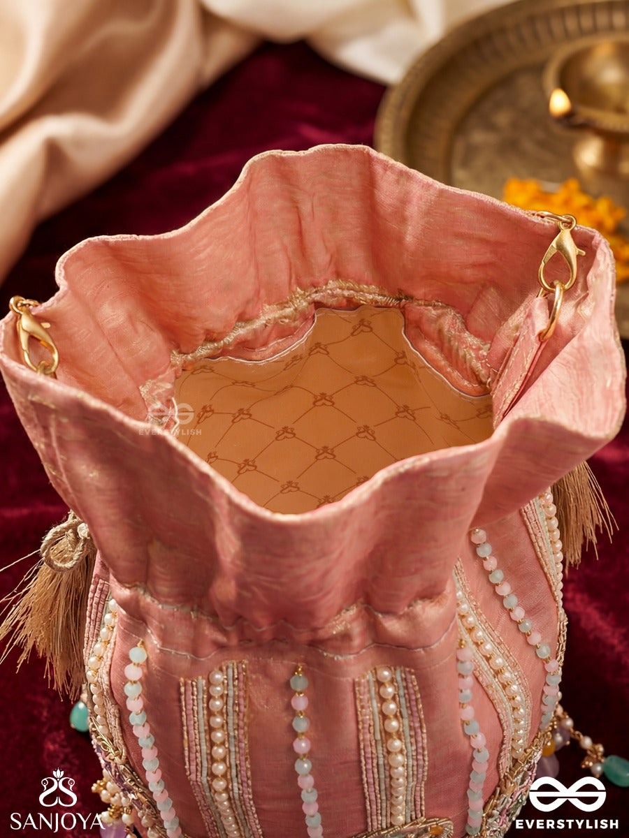 Gulyaar – Potli Blush Pink Bag With Mirror Embroidery, Multicolor Bead Accents And Tassel Tie Details