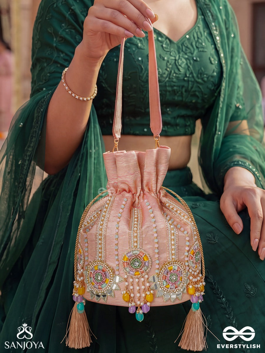 Gulyaar – Potli Blush Pink Bag With Mirror Embroidery, Multicolor Bead Accents And Tassel Tie Details