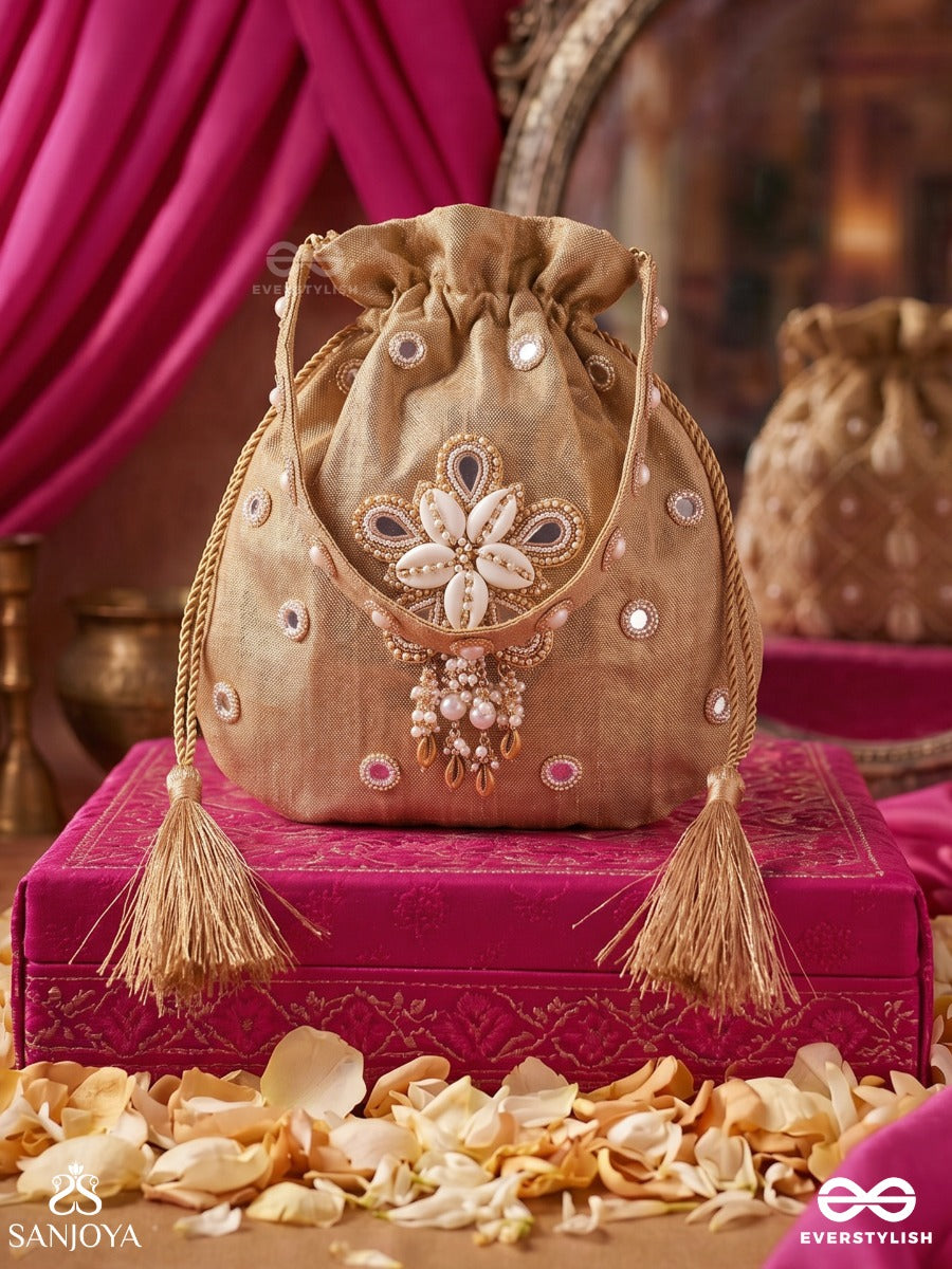 Gulraana – Potli Honey Gold Bag With Floral Pearl Ornamentation, Mirror Accents And Tassel Drawstrings