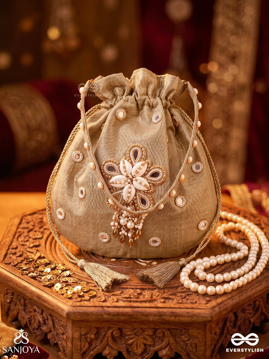 Gulraana – Potli Honey Gold Bag With Floral Pearl Ornamentation, Mirror Accents And Tassel Drawstrings