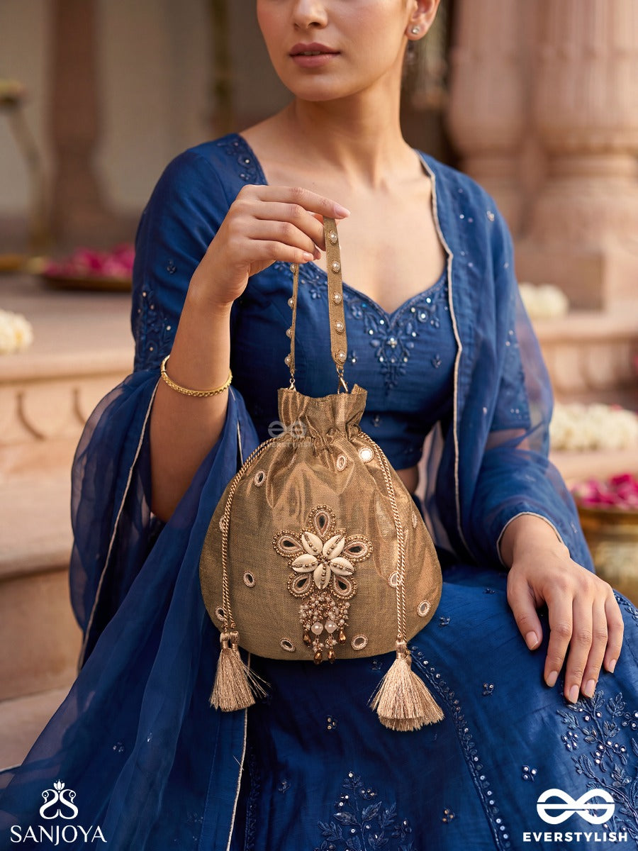 Gulraana – Potli Honey Gold Bag With Floral Pearl Ornamentation, Mirror Accents And Tassel Drawstrings