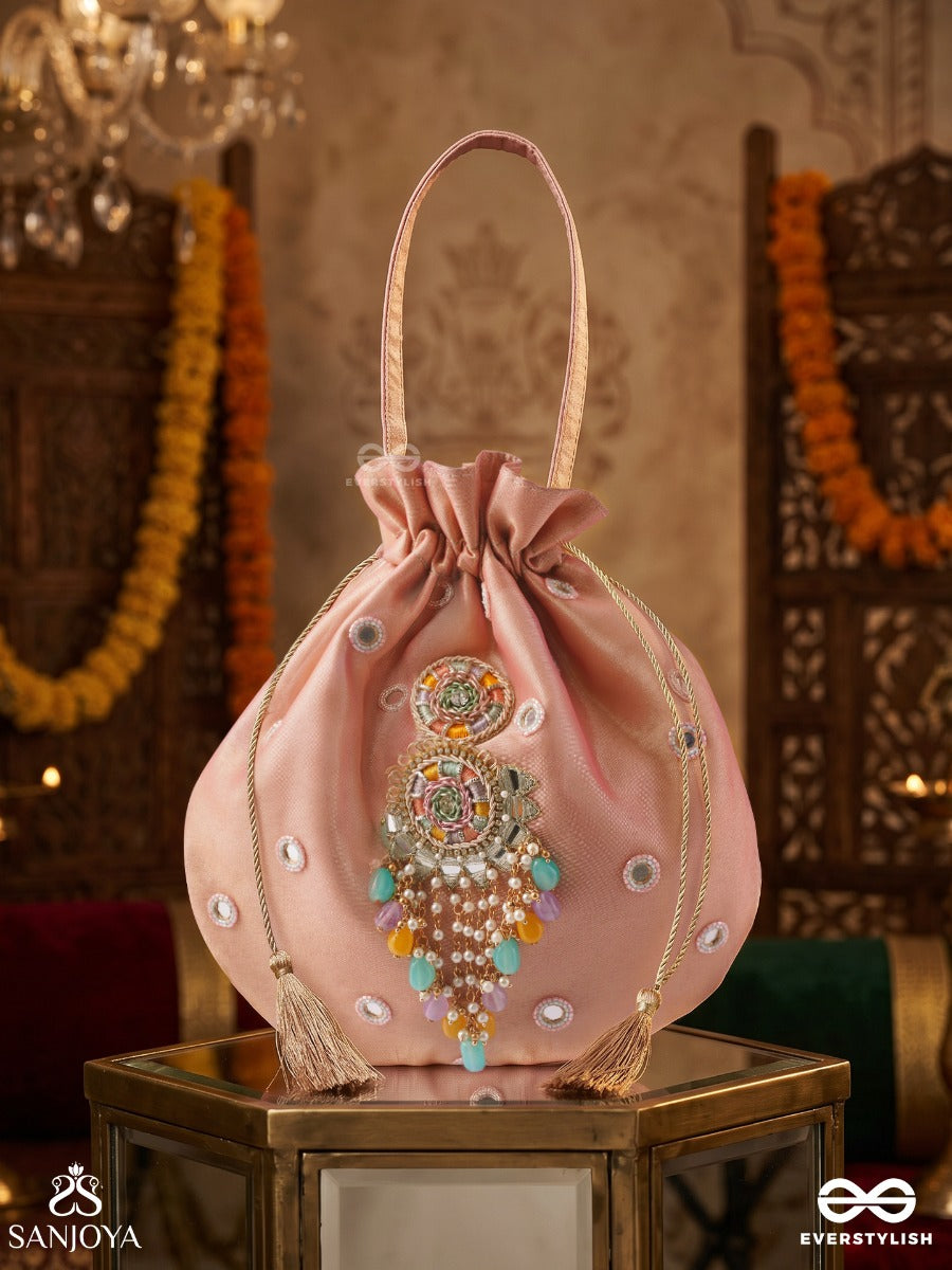 Gulrahat – Potli Rose Blush Bag With Decorative Mirrorwork, Multicolor Drop Charms And Braided Cords