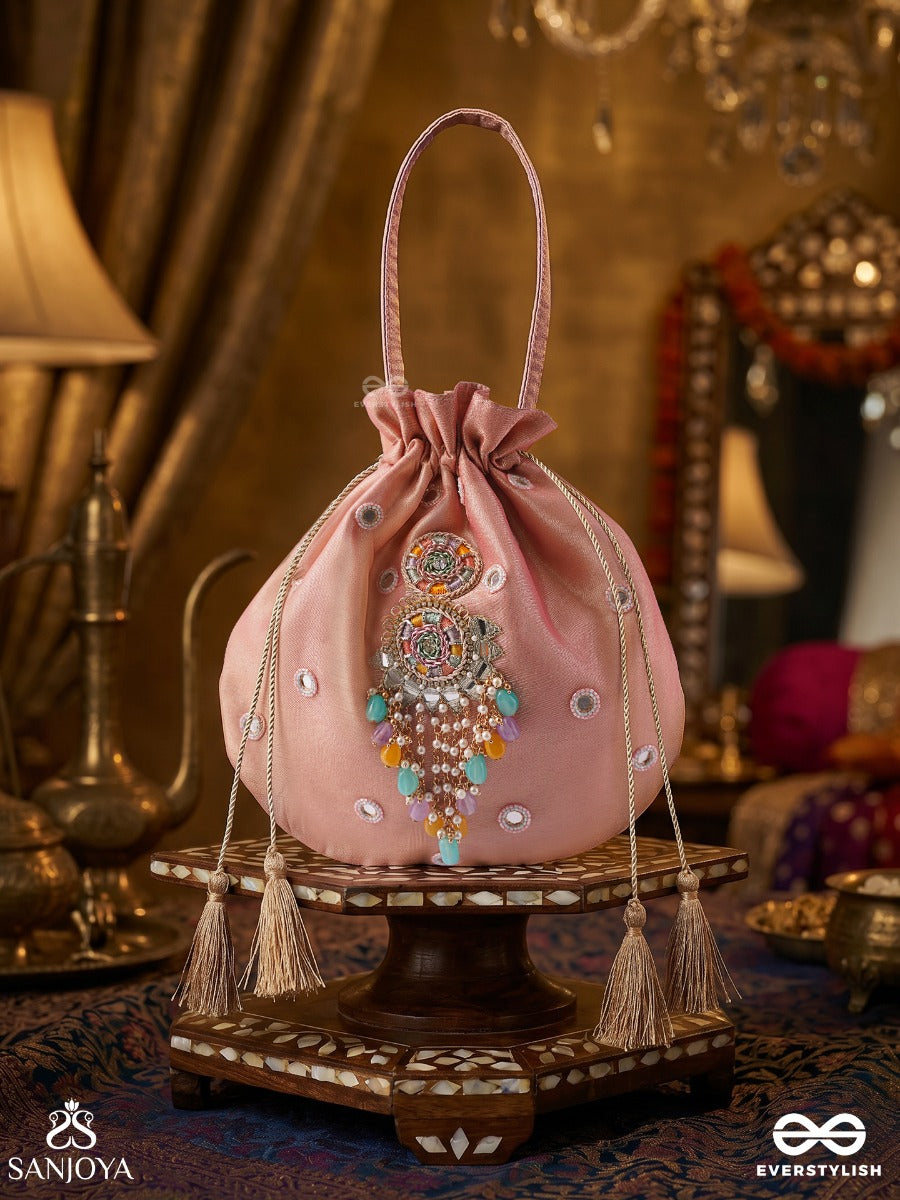 Gulrahat – Potli Rose Blush Bag With Decorative Mirrorwork, Multicolor Drop Charms And Braided Cords