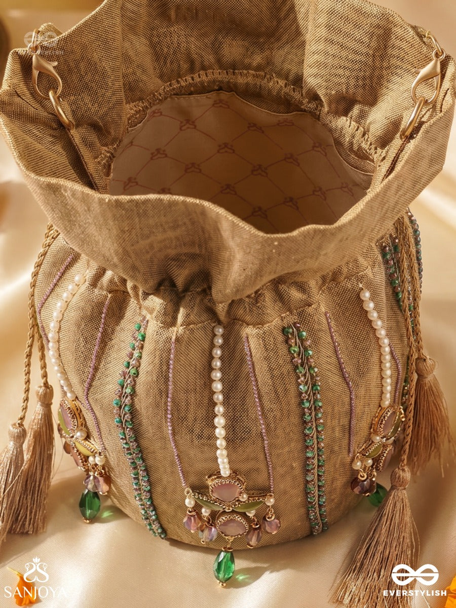 Shahgulnaar – Potli Warm Sand Bag With Jeweled Motif Work, Crystal Embellishments And Dangling Tassel Ends