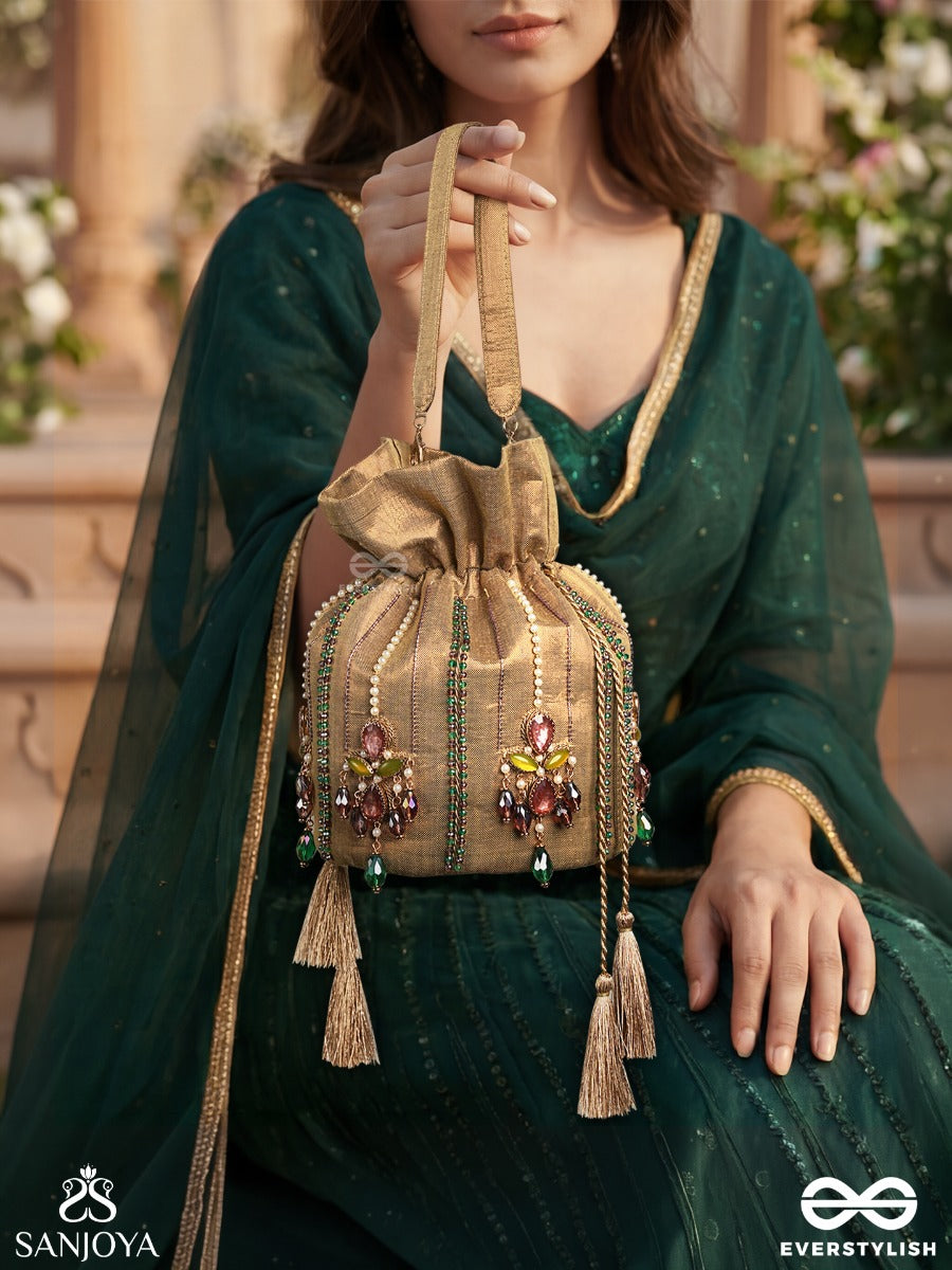 Shahgulnaar – Potli Warm Sand Bag With Jeweled Motif Work, Crystal Embellishments And Dangling Tassel Ends