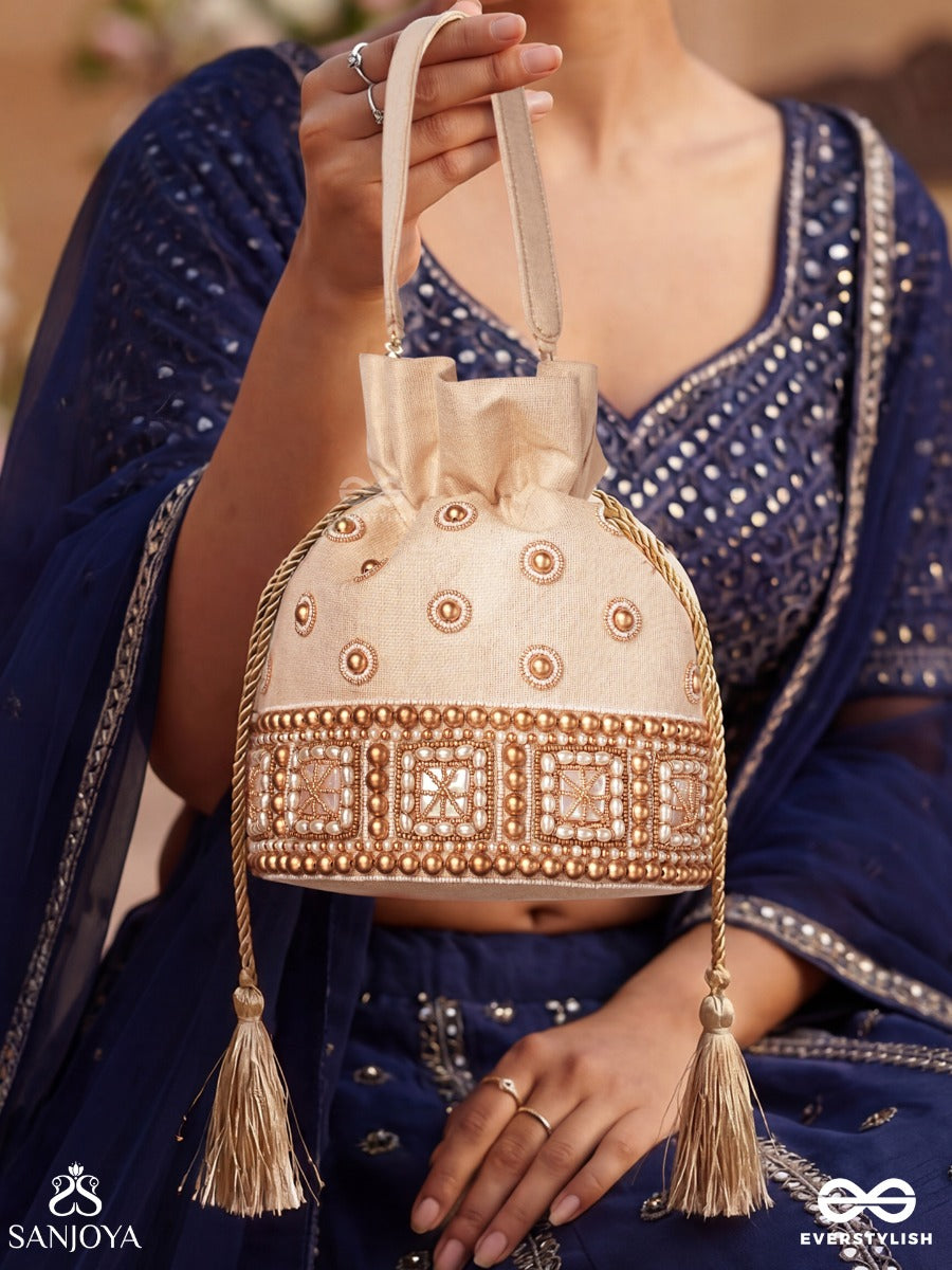 Rukhmehar – Potli Cream Champagne Bag With Pearl Panel Embellishment, Ornamental Accents And Side Tie Tassels