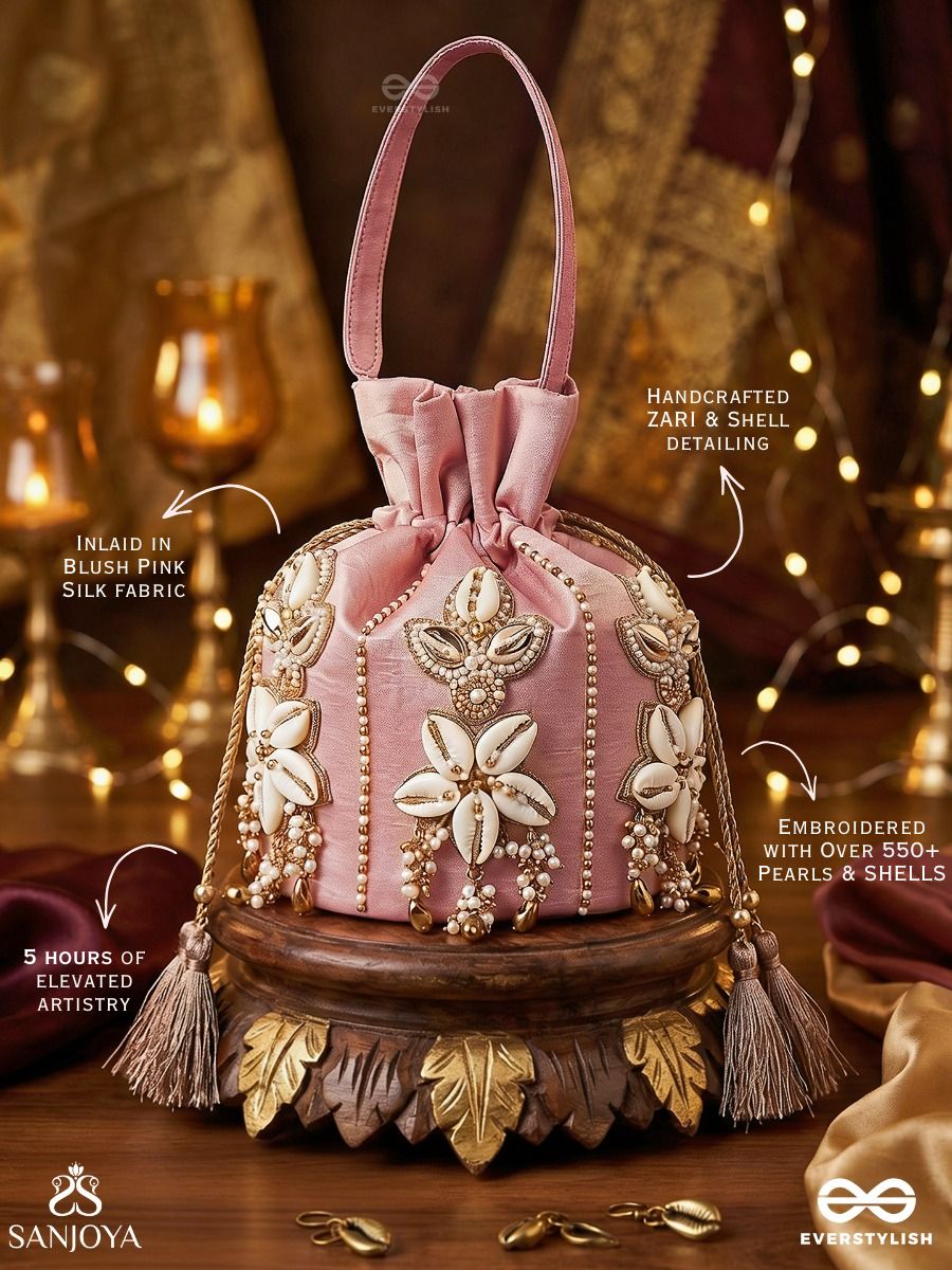 Zarmehrin – Potli Blush Pink Bag With Shell Floral Appliqué, Crystal Linework And Tassel Cords