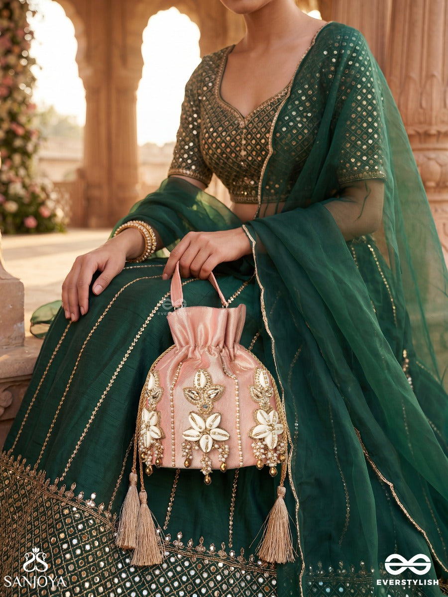 Zarmehrin – Potli Blush Pink Bag With Shell Floral Appliqué, Crystal Linework And Tassel Cords