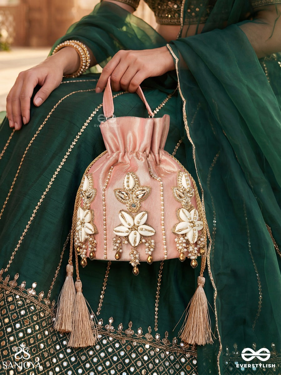 Zarmehrin – Potli Blush Pink Bag With Shell Floral Appliqué, Crystal Linework And Tassel Cords