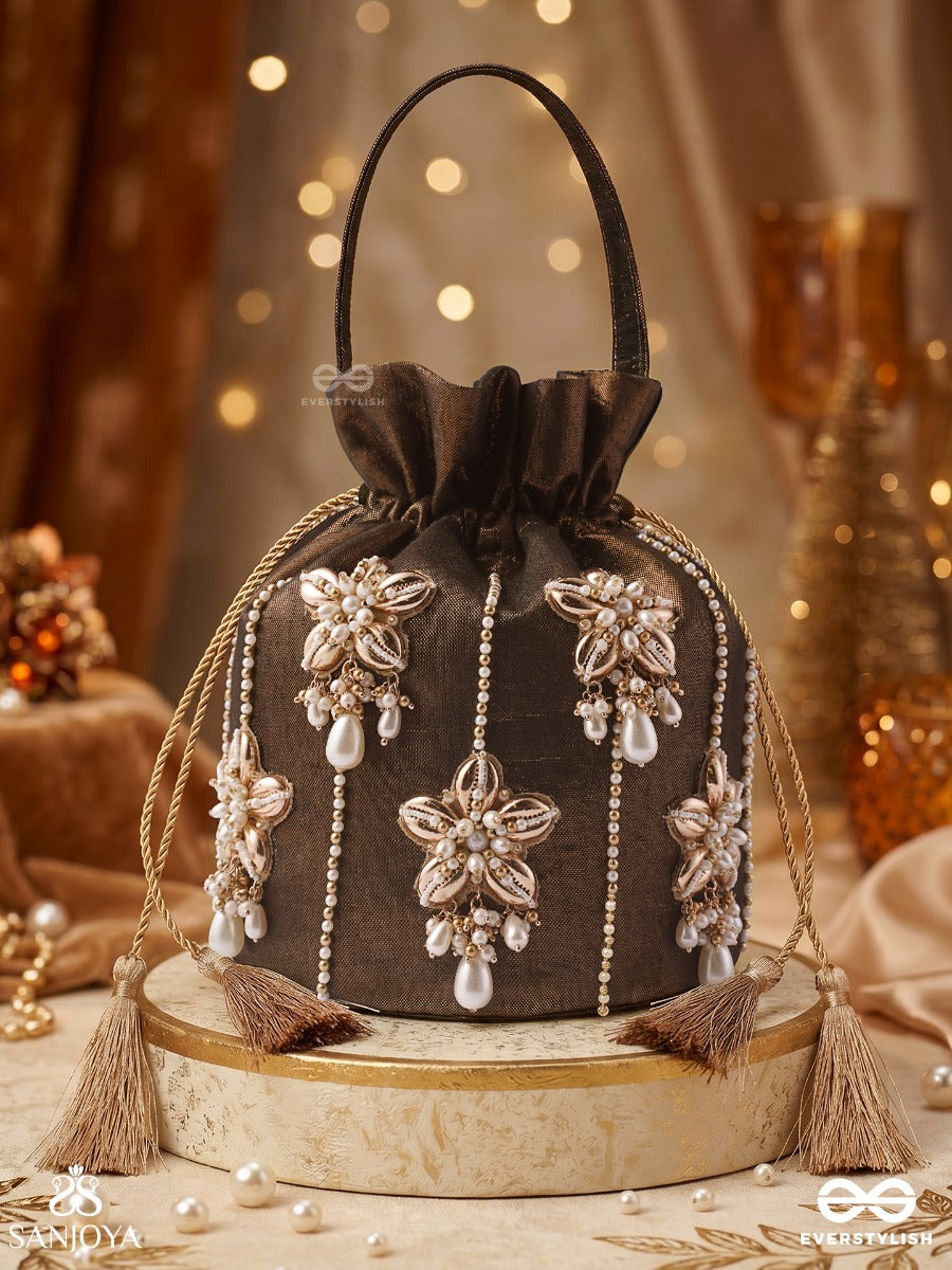 Rukhbano – Potli Espresso Satin Bag With Blossom Gem Detailing, Pearl Drop Embellishments And Drawstring Ties